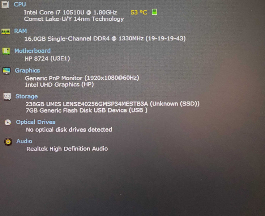 HP ZBook Firefly 15' G7 i7-10510U@1.80GHz 16GB RAM 256GB SSD  Lap200