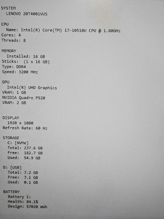 Lenovo ThinkPad P15s i7-10510U 16GB DDR4 Quadro P520 256GB NVMe Qβ Lap200