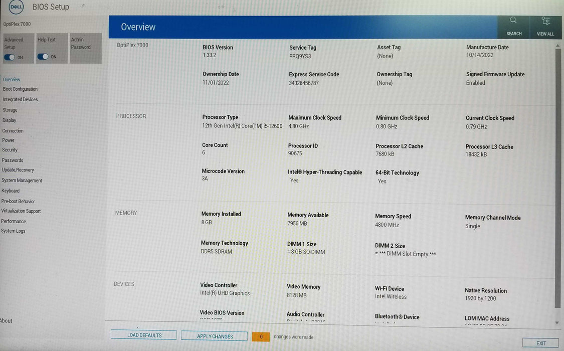 Dell OptiPlex 7000 USFF12th Gen Core i5-12600 CPU 8GB RAM - No HDD Q