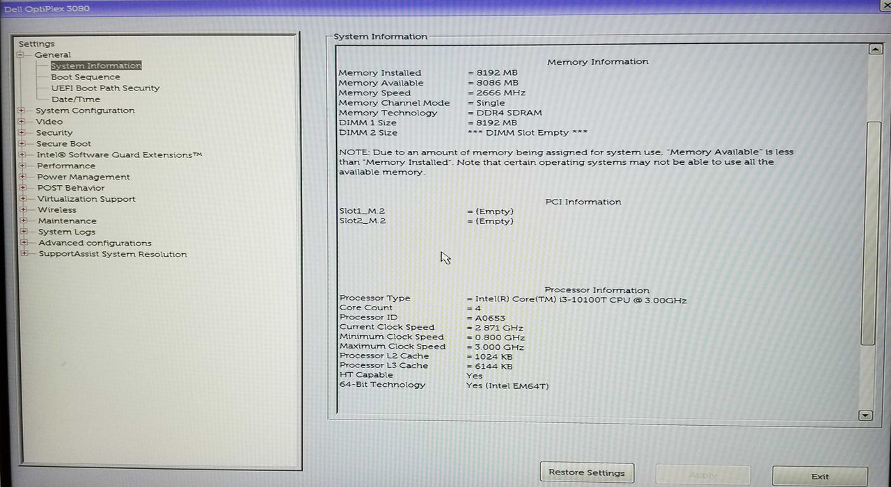 Dell OptiPlex 3080 USFF Core i3-10100T CPU 3.0GHz 8GB RAM No HDD