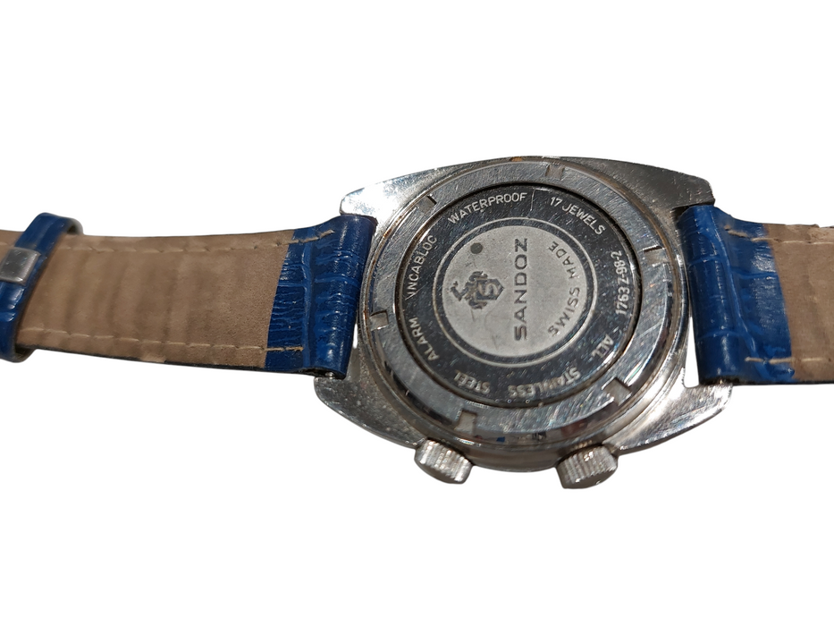 SANDOZ Swiss Made 17 Jewels Watch 1763Z-98-2 Blue Leather Wristband =