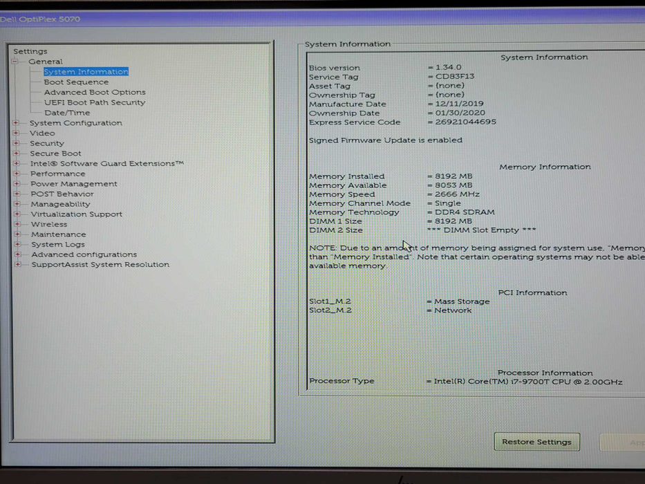 Dell Optiplex 5070 Micro, Core i7-9700T 2.00GHz, 8GB DDR4, 256GB M.2 SSD _