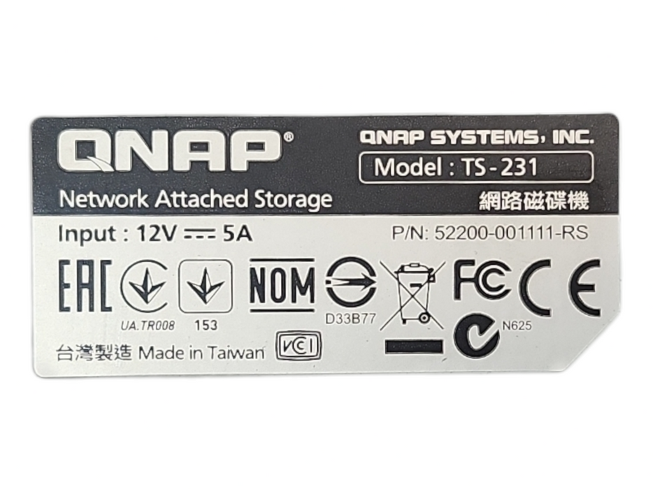 QNAP TS-231, 2 Bay NAS with 2x 1TB HDDs, No Power adapter