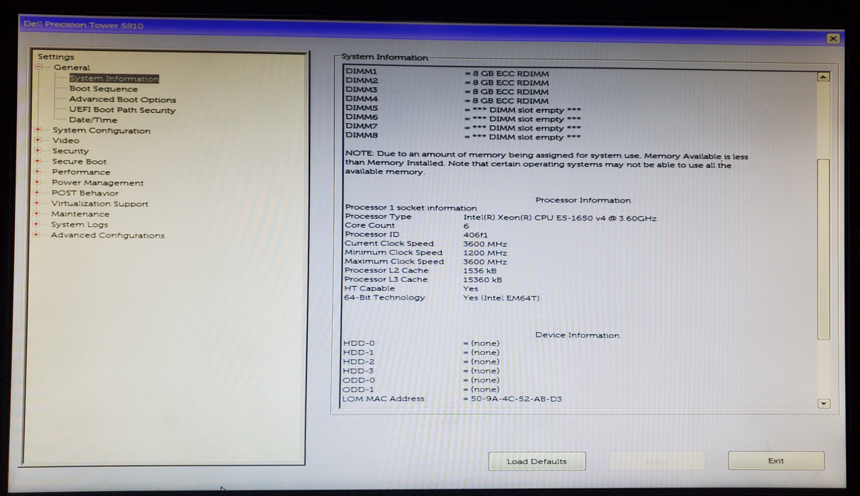 Dell Precision T5810 Xeon E5-1650 v4 32GB DDR4 K2200 - No HDD