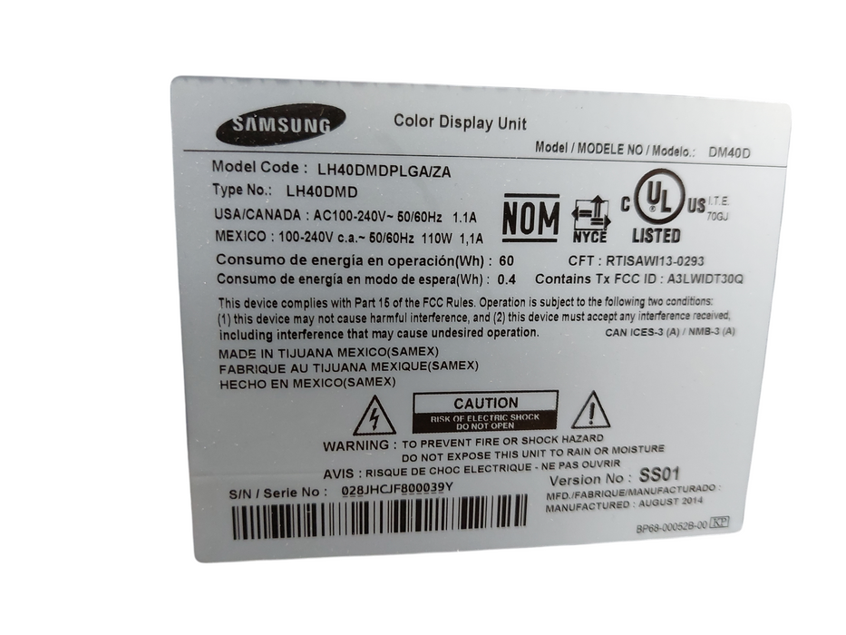 Samsung 40" Color Display Unit  Model: DM40D Signage LCD  Q=