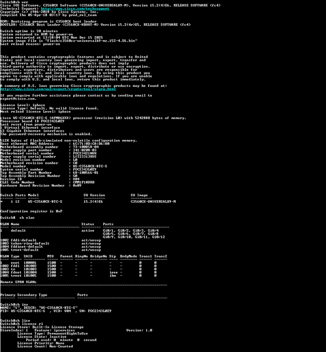 Cisco WS-C3560CX-8TC-S V04, 8-port Gigabit 2-port SFP compact Switch