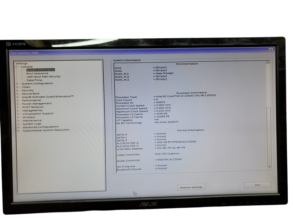 Dell Optiplex 7080 SFF, i5-10500@3.10GHz, 8GB DDR4, 256GB NVMe, no OS