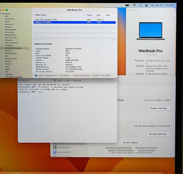Apple MacBook Pro 15" 2019 i7-9750H Radeon Pro 555X 16GB RAM 256GB SSD READ