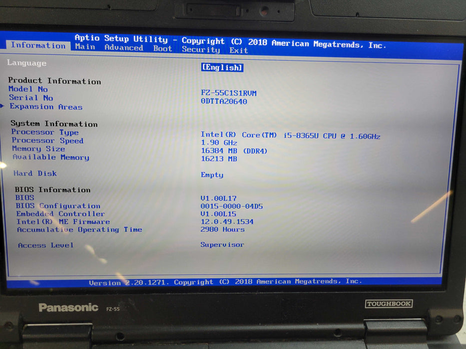 Panasonic FZ-55 ToughBook - Core i5-8365U 16GB DDR4 NO HDD (2980HRS) % Lap200
