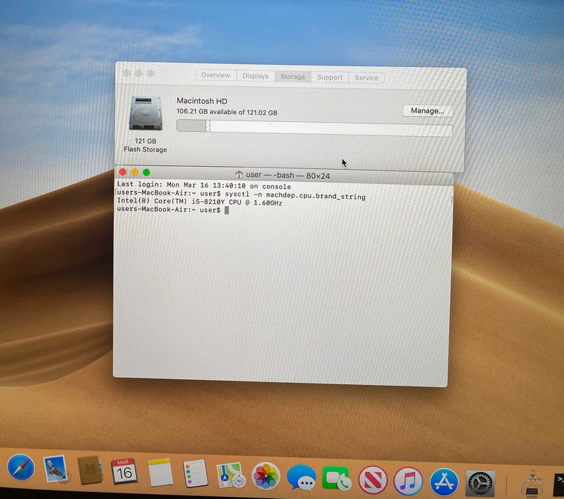 Apple MacBook Air 13" 2018 i5-8210Y 8GB RAM 128GB SSD No Power Adapter