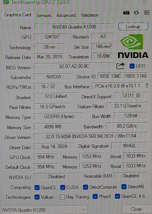 Nvidia Quadro K1200 4GB Mini DisplayPort Video Graphics Card, FH Bracket _