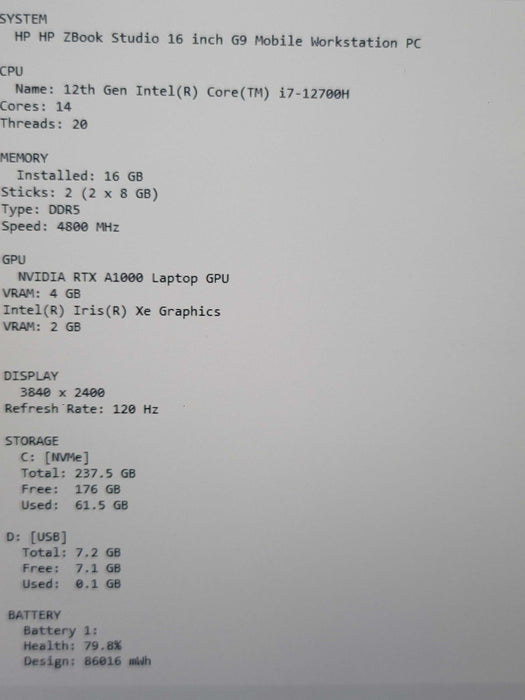 HP ZBook Studio 16" G9 i7-12700H 16GB DDR5 RTX A1000 256GB NVMe 4K β Lap200