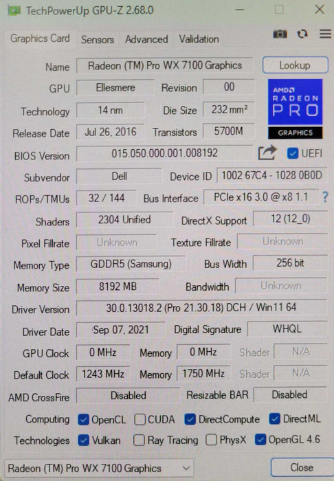 AMD Radeon Pro WX 7100 8GB GDDR5 Graphics Card 4x DisplayPort  _