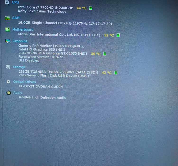 MSI MS-16J9 i7-7700HQ GTX1050 2GB GPU 16GB RAM 256GB SSD  Lap200