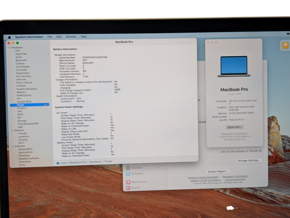 Apple MacBook PRO 15-inch 2019 Intel i7-9750H 16GB RAM 250GB Storage  -