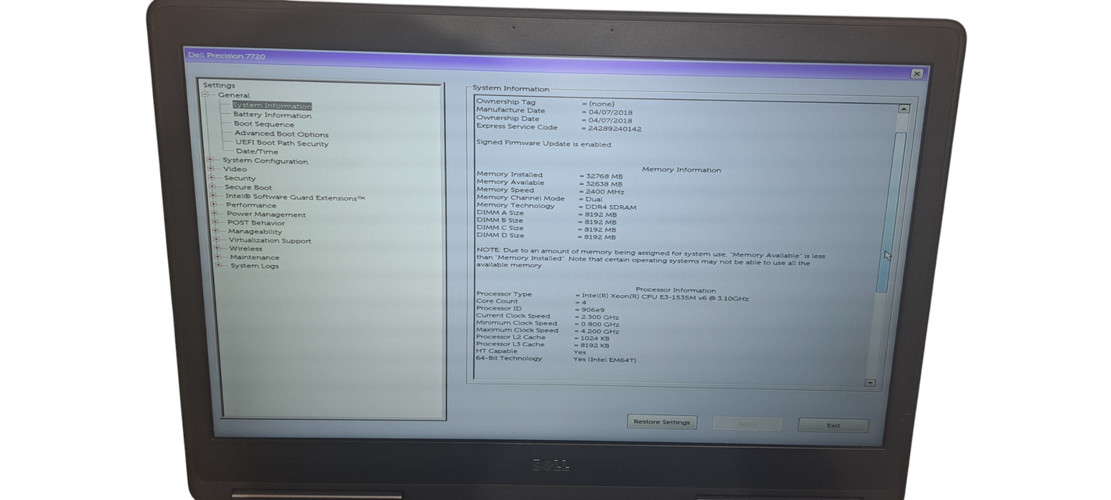 Dell Precision 7720 Xeon E3-1535M v6|32GB RAM|Quadro P3000| 256GB SSD|  Lap200
