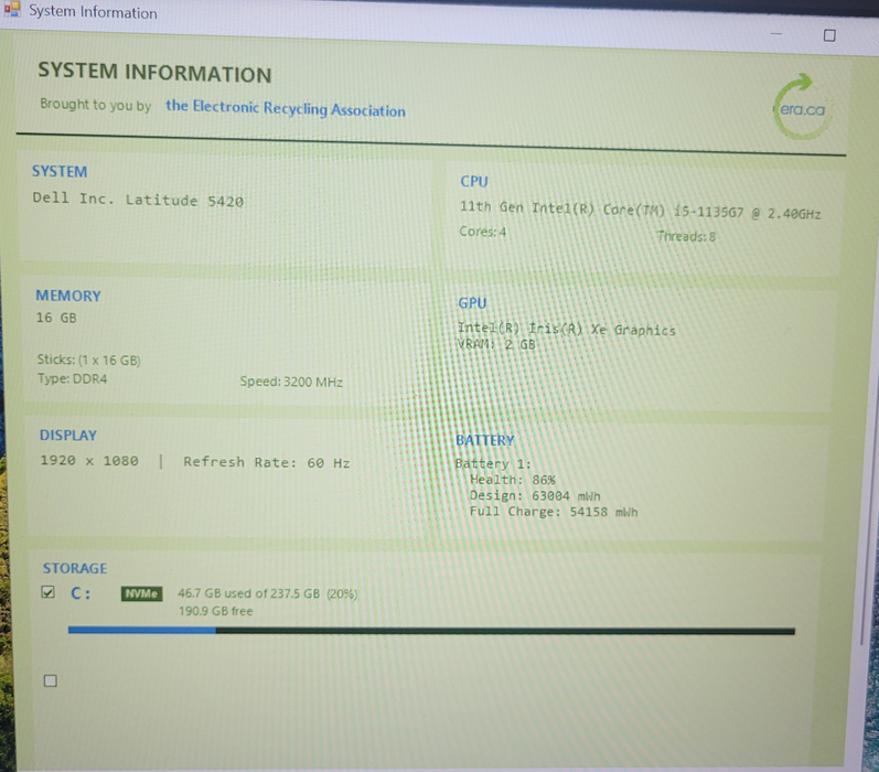 Dell Latitude 5420 i5-1135G7 @ 2.40GHz 16GB DDR4 256GB NVMe  Lap200