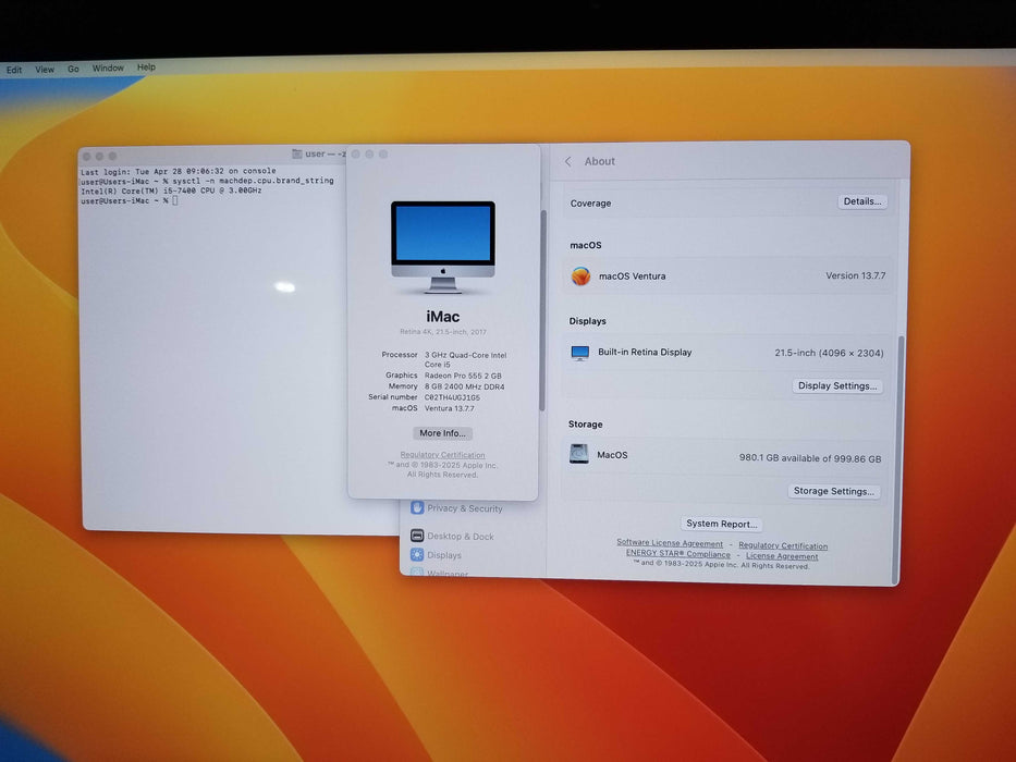 Apple iMac Retina 4K 21.5" 2017 Intel i5-7400 3.00GHz 8GB RAM 1TB