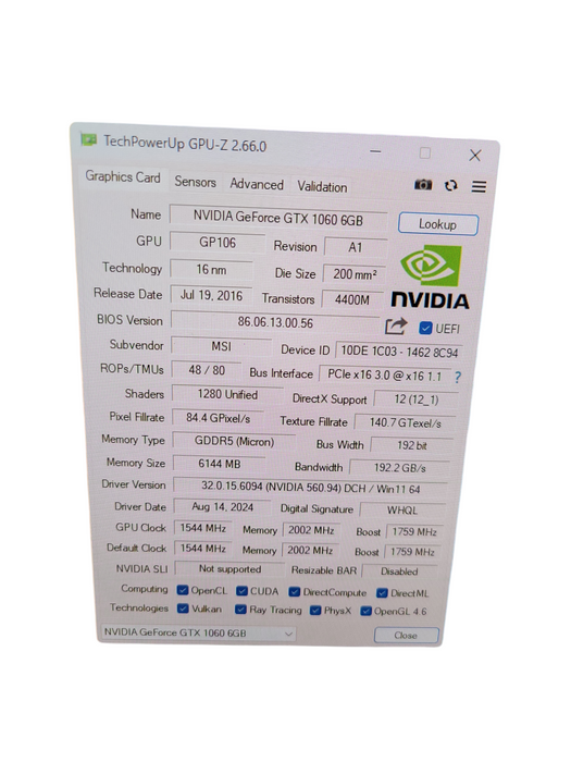 MSI NVIDIA GEFORCE GTX 1060 6GB PCIE %