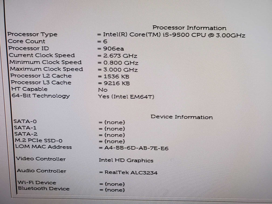 DELL OPTIPLEX 3070 barbon / INTEL I5-9500 / NO RAM NO HARD DRIVE NO OS