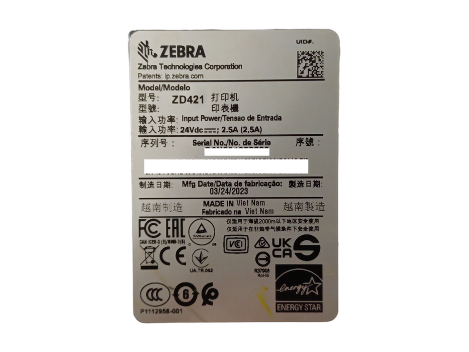 Zebra ZD421 USB Bluetooth Thermal Transfer Label Printer ZD4A042-301E00EZ