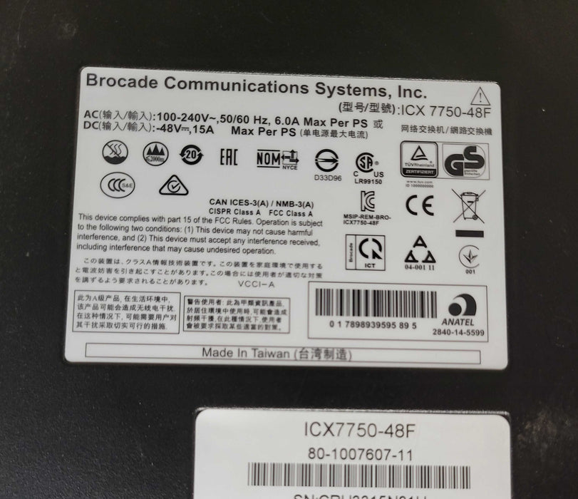 Brocade Ruckus ICX7750-48F 48 10GbE SFP+ ports, 6 10/40GbE QSFP+ 1x PSU _