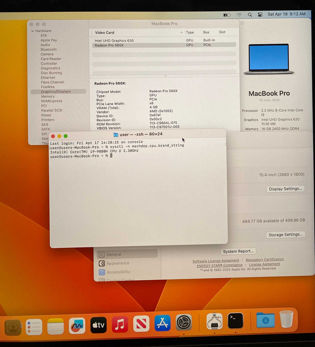 Apple MacBook Pro 15" 2019 i7-9880H Radeon Pro 560X 16GB RAM 512GB SSD READ