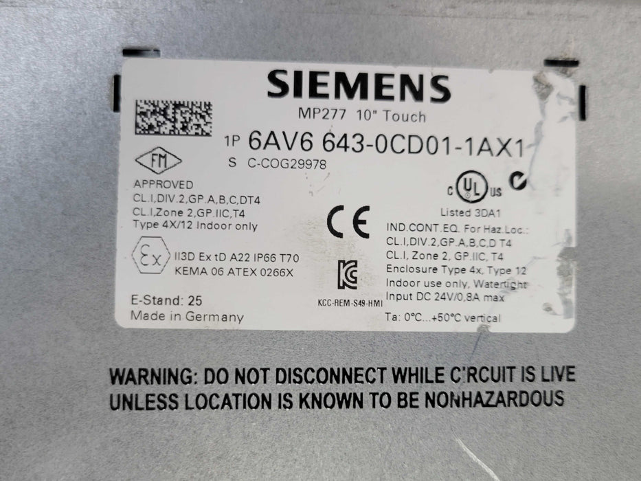 Siemens 6AV6 643-0CD01-1AX1 , MP277 10" Touch Operator Panel _