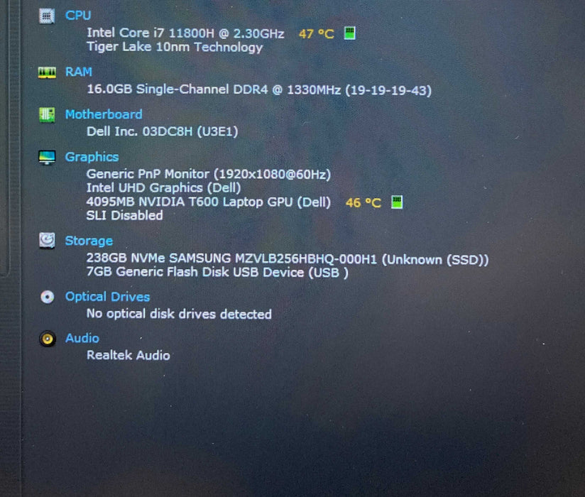 Dell Precision 3561 i7-11800H NVIDIA T600 4GB GPU 16GB RAM 256GB SSD READ!  Lap200