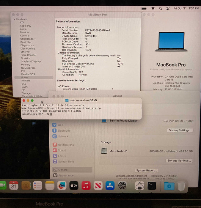 Apple MacBook Pro 13" 2019 i5-8279U 16GB RAM 512GB SSD No Power Adapter
