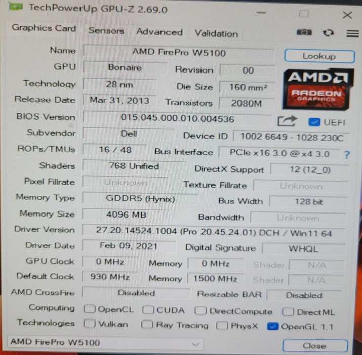 AMD FirePro W5100 4GB GDDR5 4x Display Port Video Graphics Card Q