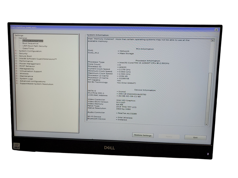 Dell Optiplex 5480 AIO, i5-10500T@2.30GHz, 8GB DDR4, 256GB NVMe, no OS READ