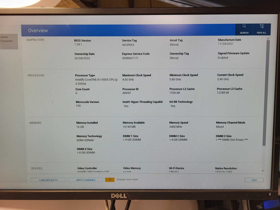 Dell OptiPlex 5090 i5-10505 @ 3.20GHz 16GB DDR4 256GB NVMe $