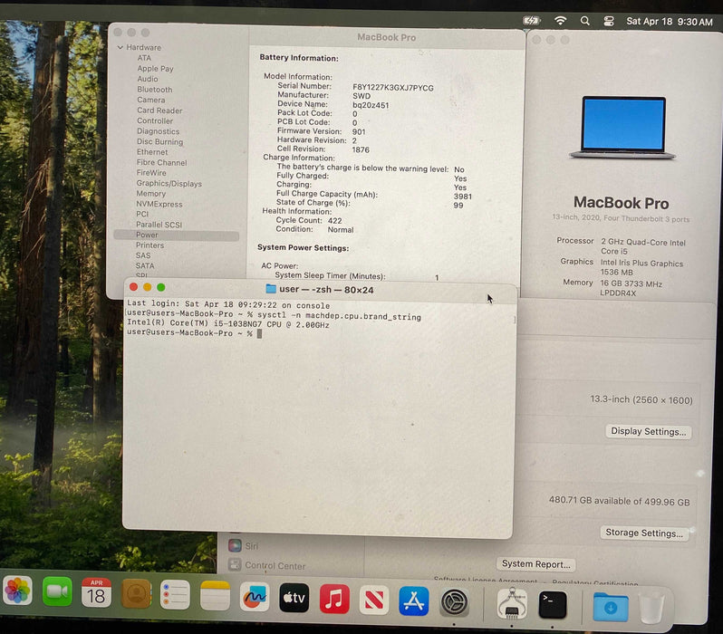 Apple MacBook Pro 13" 2020 i5-1038NG7 16GB RAM 512GB SSD No Power Adapter