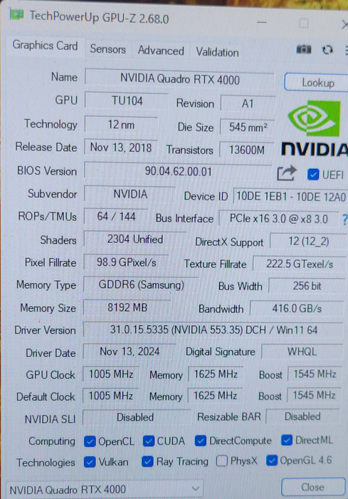 Lenovo NVIDIA Quadro RTX 4000 8GB PCI-E 3xDP 1xVR USB-C FRU 02RJ008 %