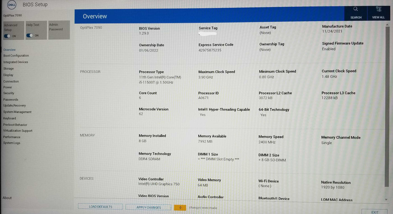 Dell OptiPlex 7090 Micro 11th Gen Core i5-11500T CPU 8GB RAM No HDD